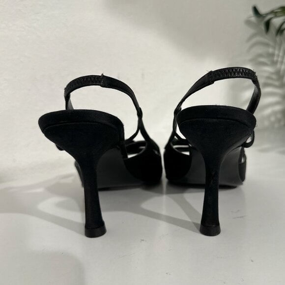 Chanel 02A Black Satin Open-Toe Slingback Heels with Gold Logo Buckle - Picture 8 of 9